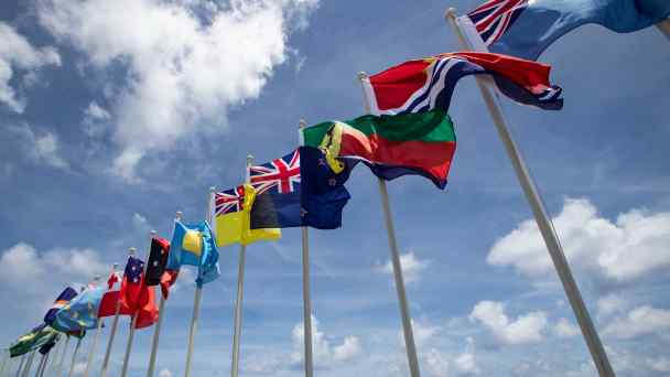 National flags of Pacific Islands Forum members fly&nbsp;in the Pacific nation of Nauru on&nbsp;Sept. 3, 2018.&nbsp;