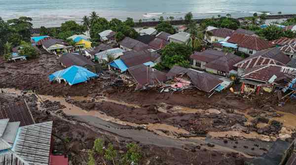 A drone view shows houses damaged following flashfloods in Rua village, Ternate, North Maluku province, Indonesia on Aug. 25. (Antara Foto/Andri Saputra/via Reuters)