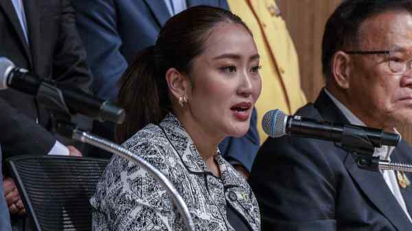 Paetongtarn Shinawatra, the leader of Thailand's ruling Pheu Thai Party and a daughter of former Prime Minister Thaksin Shinawatra, speaks to reporters during a press conference in Bangkok on Aug. 15. (Photo by Adryel Talamantes)