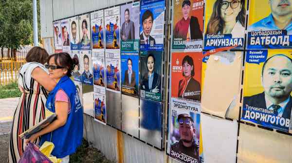 Campaign posters are seen in Ulaanbaatar ahead of the June 28 parliamentary elections. (Photo by Anand Tumurtogoo)