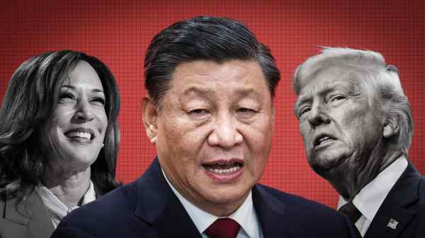 Xi Jinping is determined not to be caught off guard by the policies of whoever wins the U.S. presidential election in November, Democrat Kamala Harris or Republican Donald Trump. (Nikkei montage/Source photos by Yusuke Hinata and Getty Images)