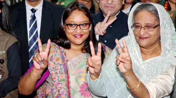 Bangladeshi Prime Minister Sheikh Hasina, right, is pictured with her daughter&nbsp;Saima Wazed in 2018. Wazed is running to become the World Health Organization's regional director in South and Southeast Asia.