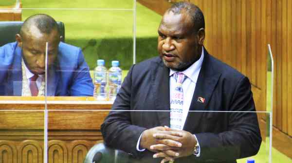 Papua New Guinea's Prime Minister James Marape speaks in parliament after he was sworn in for his second term&nbsp;in Port Moresby on August 9.