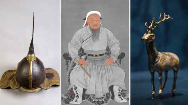 Items on display at "Genghis Khan: How the Mongols Changed the World," being held from Oct. 14, 2023, to May 5, 2024, at the Nantes History Museum in France.&nbsp;(Nikkei montage/Source photos by Erdennechuluun Purevjav &amp; Nemekhbayar Nadpurev Collection,&nbsp;Mongolia;&nbsp;Chinggis Khaan National Museum, Ulaanbaatar;&nbsp;David Gallard/LVAN)