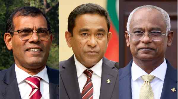 From left: The Maldives' former presidents&nbsp;Mohamed Nasheed and&nbsp;Abdulla Yameen, who is currently in jail, are aiming to unseat incumbent&nbsp;Ibrahim Mohamed Solih in September.&nbsp;(Source photos by AP and EPA/Jiji)