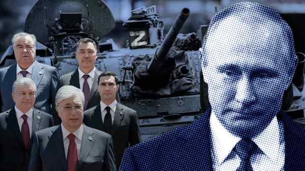 Russian President Vladimir Putin and the leaders of five Central Asian&nbsp;countries who are increasingly worried that if Russia defeats Ukraine, it will start interfering in their internal affairs.&nbsp;(Nikkei montage/Source photos by Getty Images)