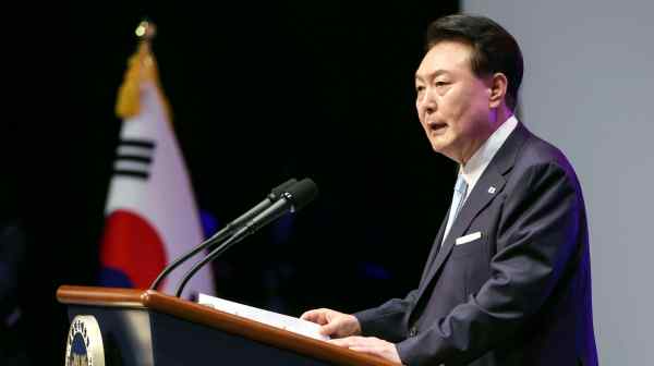 President Yoon Suk Yeol&nbsp;speaks at the South Korean government's Liberation Day ceremony in Seoul on Aug.&nbsp;15.&nbsp;