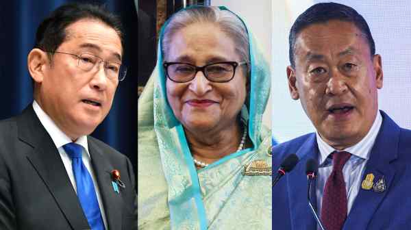 Departures: Japan's Fumio Kishida, Sheikh Hasina of Bangladesh, and&nbsp;Srettha Thavisin of Thailand. (Source photos by Wataru Ito and Reuters)