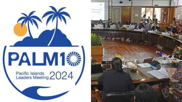 The fifth Interim Ministerial Meeting of the Pacific Islands Leaders Meeting convenes in Suva, Fiji, on&nbsp;Feb.&nbsp;12. (Source photos by Kyodo)