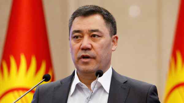 Kyrgyzstan's new&nbsp;Acting President&nbsp;Sadyr Japarov speaks in parliament in Bishkek on Oct. 16, less than two weeks after he was sprung from jail.