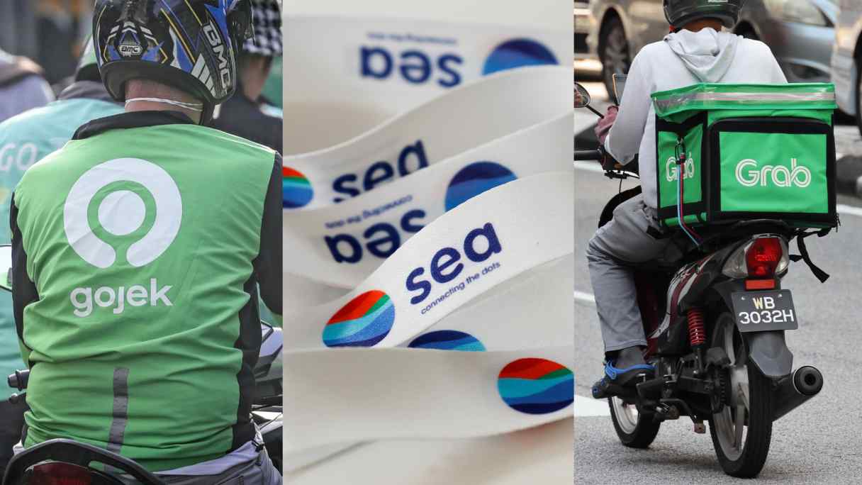 The share prices of ASEAN's three biggest tech companies --&nbsp;GoTo, Sea and Grab -- are experiencing contrasting fortunes as investors seek greater profitability. (Source photos by Ken Kobayashi, Reuters and Hiroki Endo)