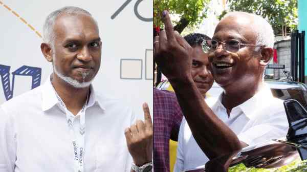 The Maldives' incumbent President Ibrahim Mohamed Solih, right, now faces an uphill battle to keep his job and beat challenger Mohamed Muizzu, left. (Photos by Reuters)&nbsp;